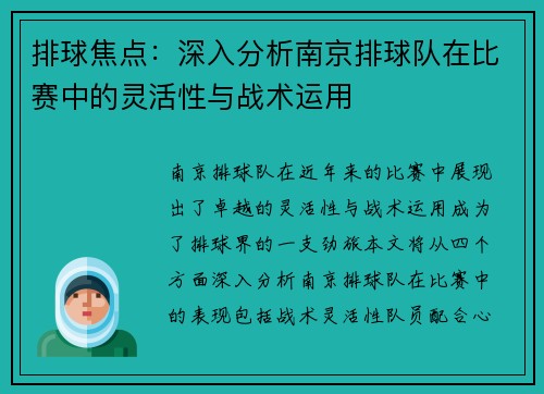 排球焦点：深入分析南京排球队在比赛中的灵活性与战术运用