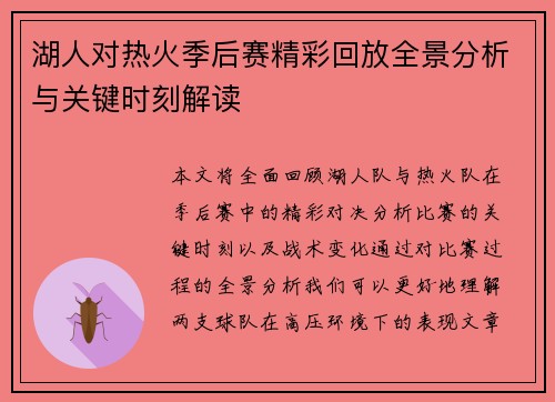 湖人对热火季后赛精彩回放全景分析与关键时刻解读